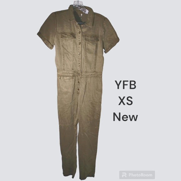YFB Denim Jumpsuit XS or M Olive Button down s/s nwt - Picture 12 of 12